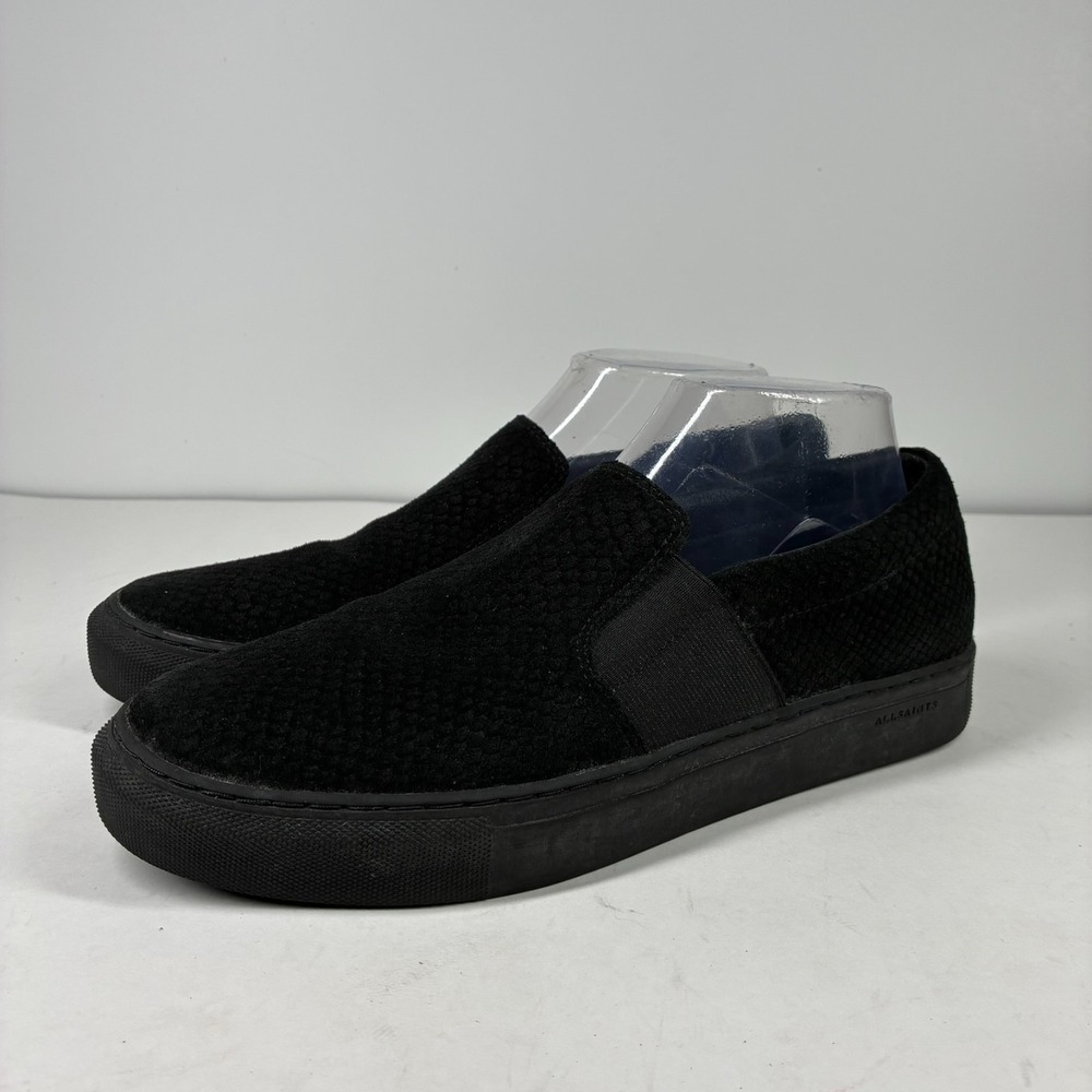 AllSaints Women's US 9-9.5/40 Black Scale Embossed Suede Slip-On Sneakers Shoes